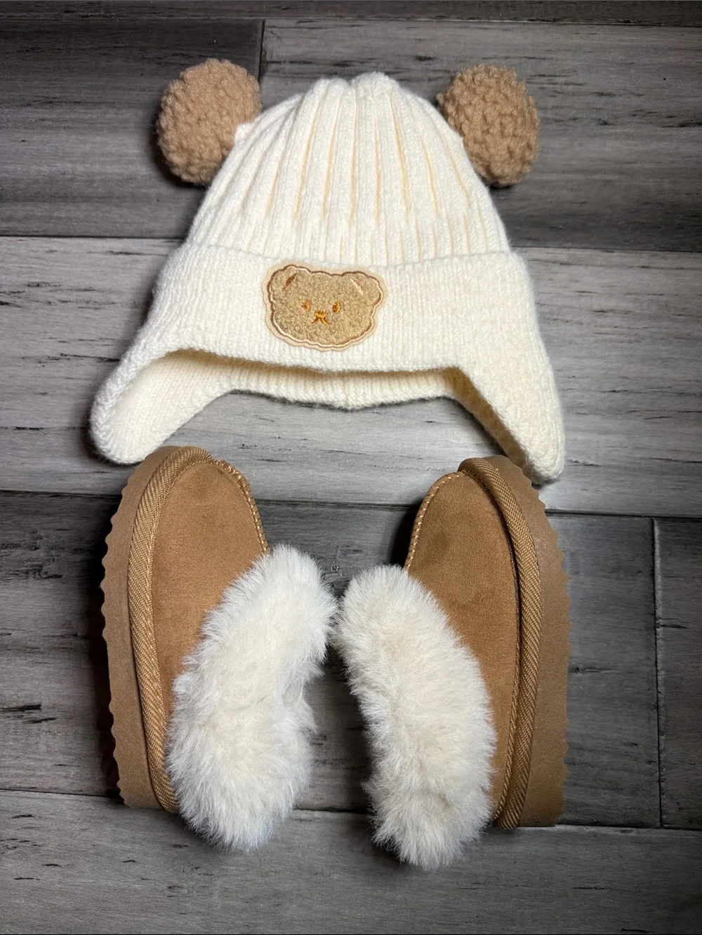 Kids Cream Bear Hat and Tan Fur-Lined Booties Set